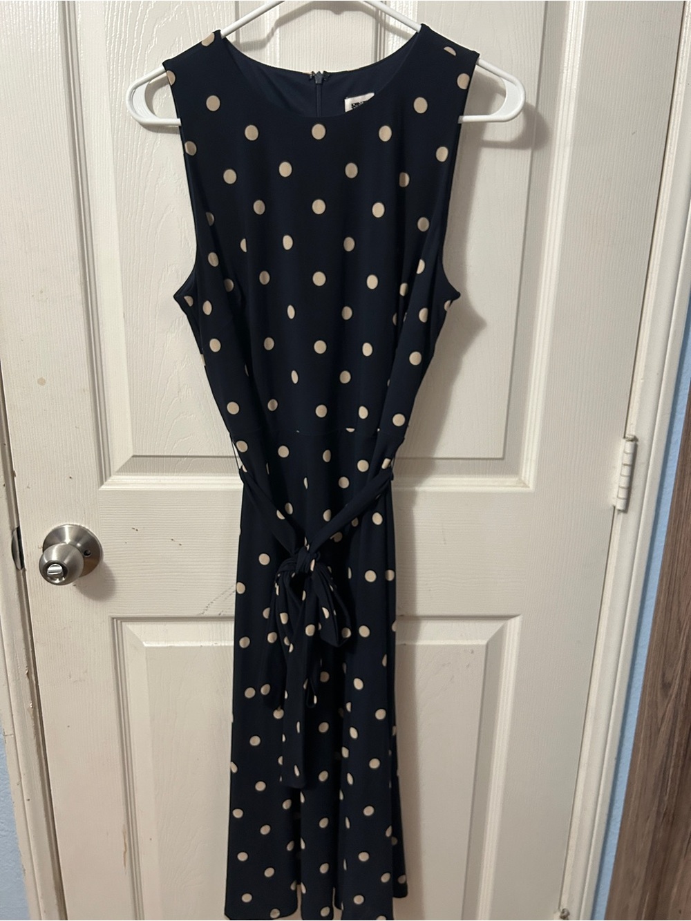 Anne Klein Size 10 Navy Midi Dress with Cream Polka Dots